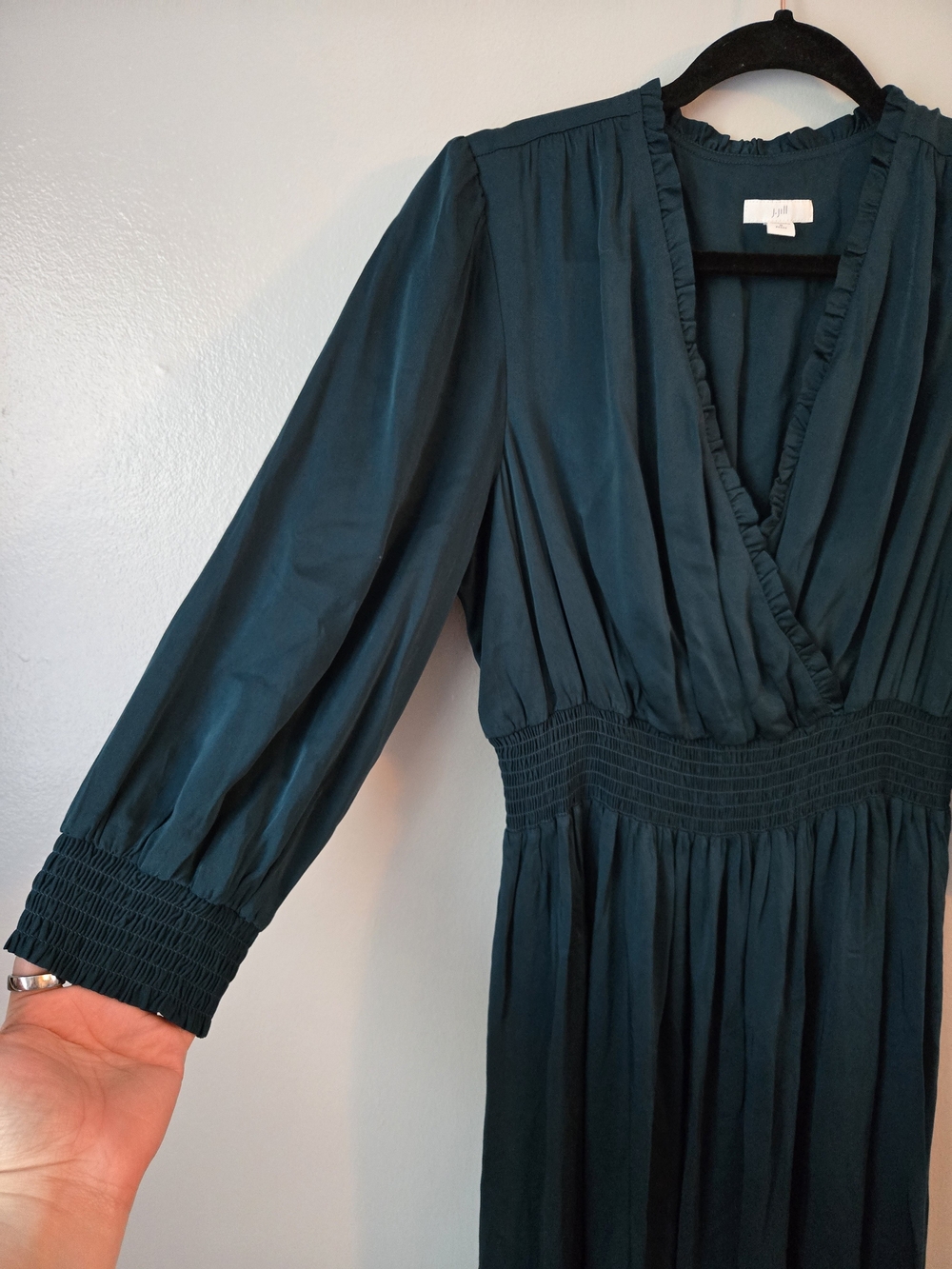 J. Jill Teal Green Ecovero Viscose Maxi Dress Smocked Faux Wrap Medium Petite - Picture 4 of 10
